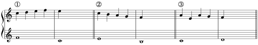 刺繍音　1:4　順次進行　跳躍進行　強拍　弱拍　協和音程　不協和音程　対位法　音楽理論
